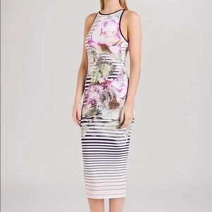 Ted Baker London Floral Striped Halter Bodycon Midi Dress Size 1 Small